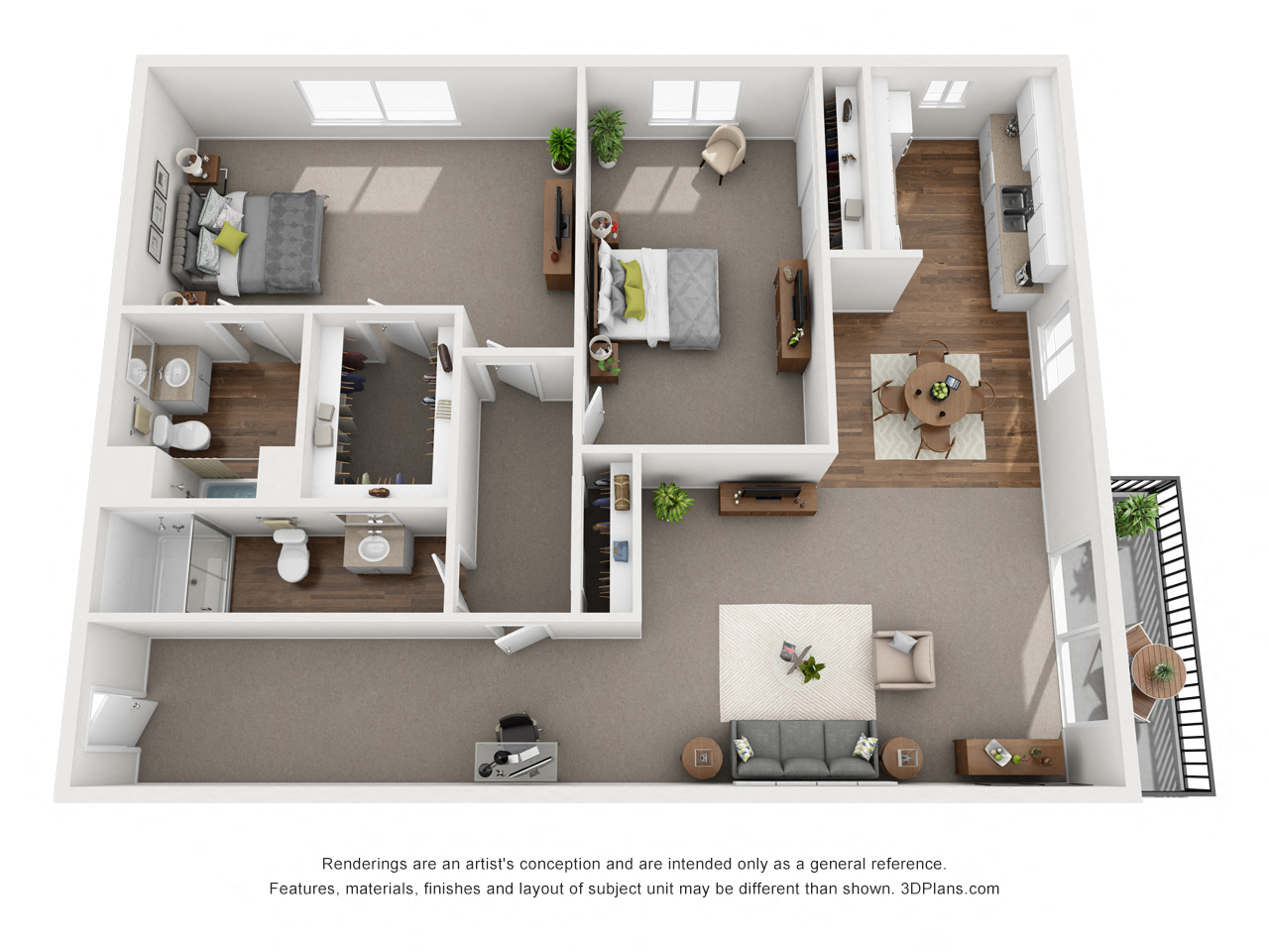 Floor plan for 2 beds, 2 baths, 1074 sqft